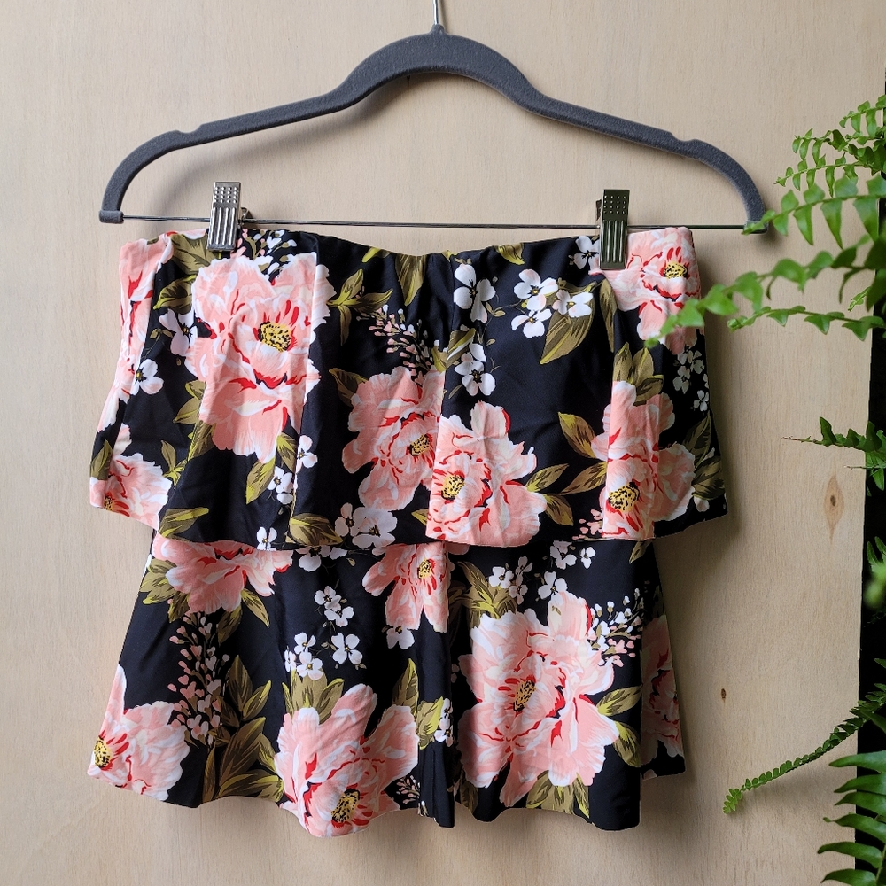 Kona Sol Strapless Floral Tankini, Medium, Black white and pink